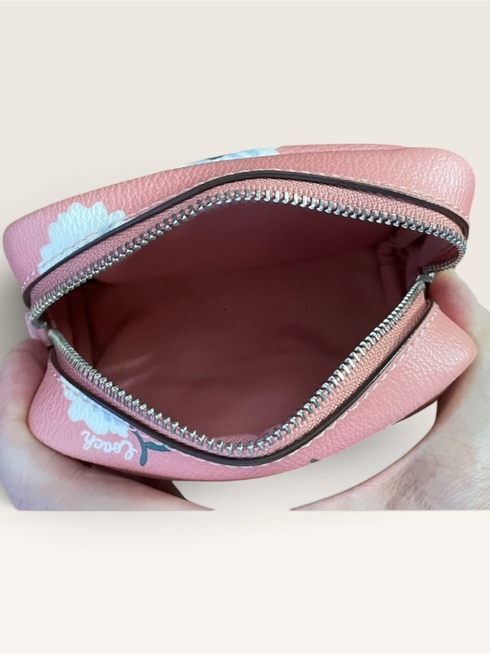 Coach EUC Mini Boxy Pink Floral Leather Cosmetic Pouch with Silver Logo - Picture 6 of 6